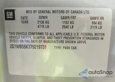 2007 Chevrolet Impala Ls z USA, uszkodzony, nr VIN 2G1WB58K379219731